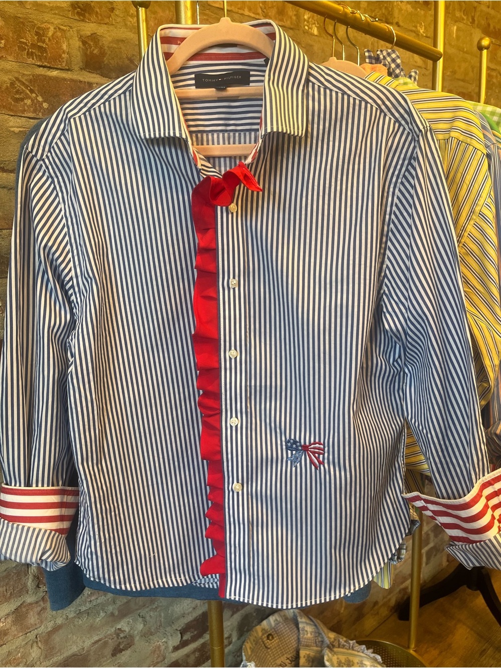 Tommy Hilfiger Striped Button-Up Shirt with Red Ruffle- reworked mens shirt